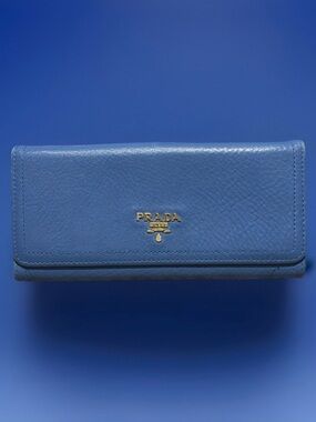 Authentic Prada Blue Leather Wallet Gold Logo w/ Certificate